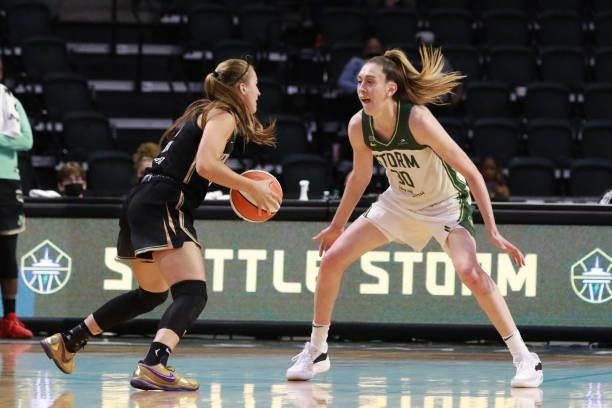Breanna Stewart of the Seattle Storm plays defense on Sabrina Ionescu of the New York Liberty during the game on September 2, 2021 at the Angel of...