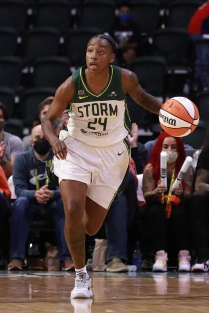 Jewell Loyd of the Seattle Storm dribbles the ball during the game against the New York Liberty on September 2, 2021 at the Angel of the Winds Arena,...