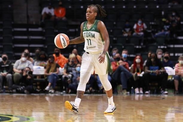 Epiphanny Prince of the Seattle Storm dribbles the ball during the game against the New York Liberty on September 2, 2021 at the Angel of the Winds...