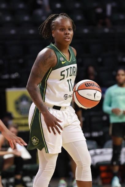 Epiphanny Prince of the Seattle Storm handles the ball during the game against the New York Liberty on September 2, 2021 at the Angel of the Winds...