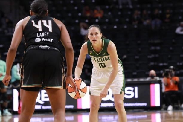 Sue Bird of the Seattle Storm handles the ball during the game against the New York Liberty on September 2, 2021 at the Angel of the Winds Arena, in...