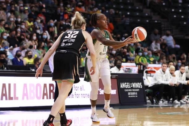 Epiphanny Prince of the Seattle Storm passes the ball during the game against the New York Liberty on September 2, 2021 at the Angel of the Winds...