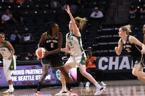 Breanna Stewart of the Seattle Storm plays defense on Natasha Howard of the New York Liberty during the game on September 2, 2021 at the Angel of the...