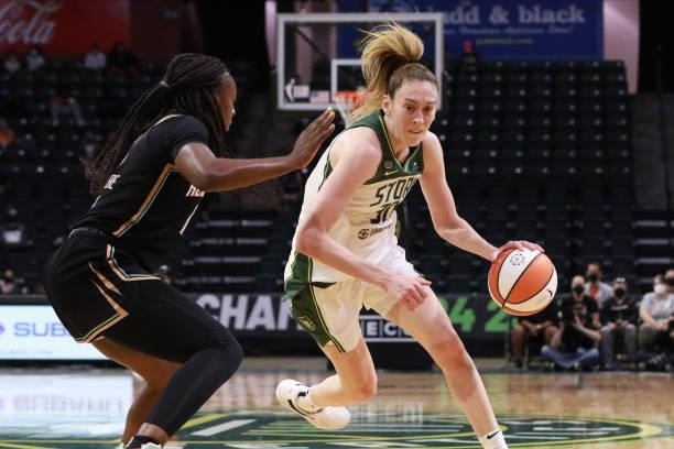 Breanna Stewart of the Seattle Storm drives to the basket during the game against the New York Liberty on September 2, 2021 at the Angel of the Winds...