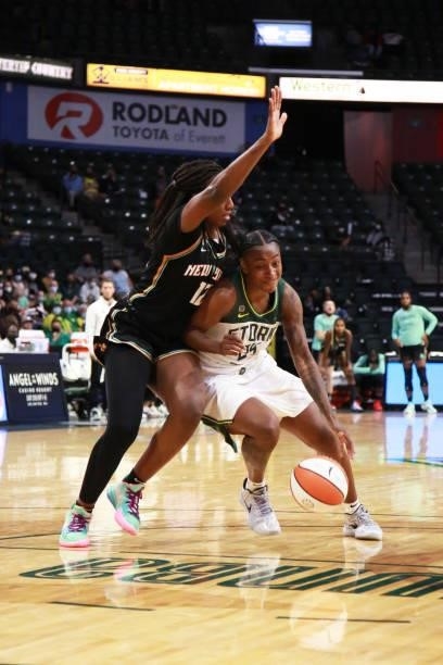 Jewell Loyd of the Seattle Storm drives to the basket during the game against the New York Liberty on September 2, 2021 at the Angel of the Winds...
