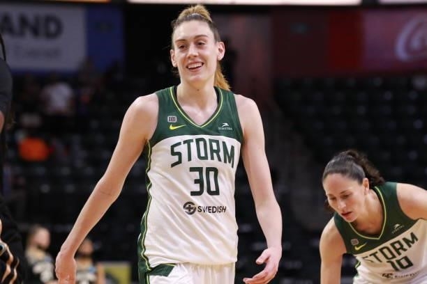 Breanna Stewart of the Seattle Storm smiles after the game against the New York Liberty on September 2, 2021 at the Angel of the Winds Arena, in...