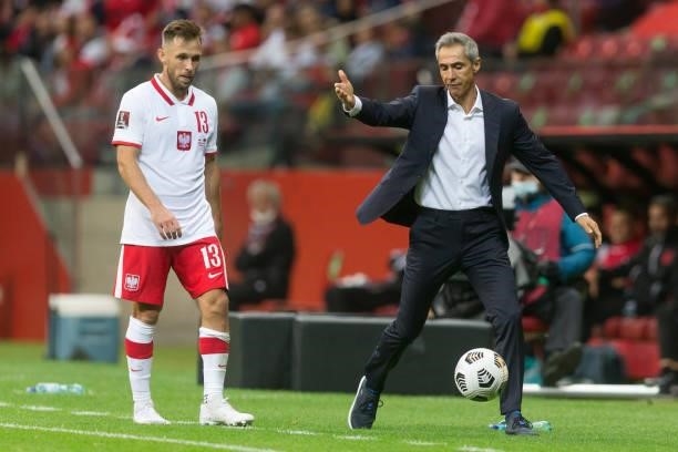 Maciej Rybus ,Trener Paulo Sousa during the World Cup 2020 qualifier match between Poland v Albania, in Warsaw, Poland, on September 2, 2021.