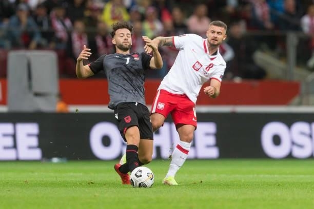 Keidi Bare ,Karol Linetty during the World Cup 2020 qualifier match between Poland v Albania, in Warsaw, Poland, on September 2, 2021.