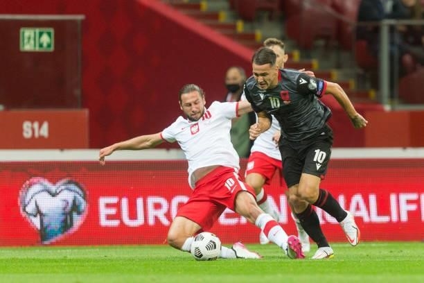 Grzegorz Krychowiak ,Rey Manaj during the World Cup 2020 qualifier match between Poland v Albania, in Warsaw, Poland, on September 2, 2021.