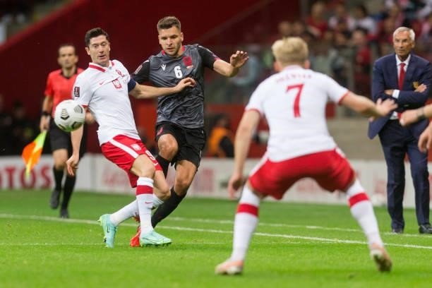Robert Lewandowski ,Berat Djimsiti ,Kamil Jozwiak during the World Cup 2020 qualifier match between Poland v Albania, in Warsaw, Poland, on September...