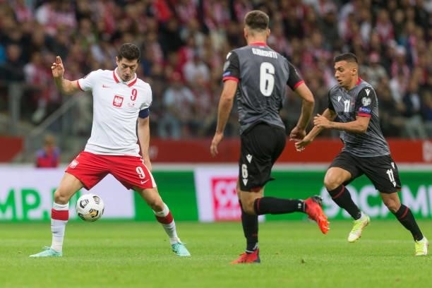 Robert Lewandowski ,Berat Djimsiti ,Myrto Uzuni during the World Cup 2020 qualifier match between Poland v Albania, in Warsaw, Poland, on September...