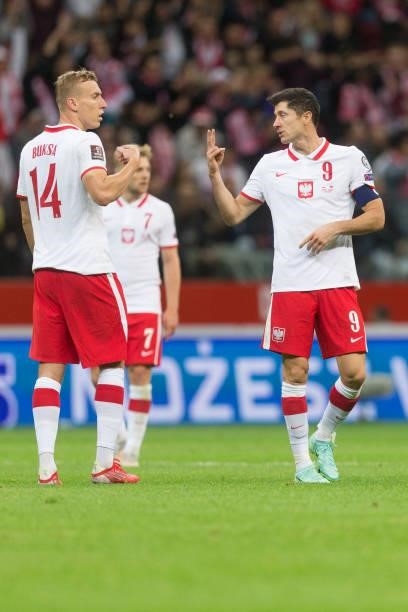 Adam Buksa ,Robert Lewandowski during the World Cup 2020 qualifier match between Poland v Albania, in Warsaw, Poland, on September 2, 2021.