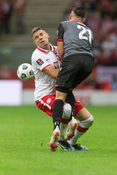 Jan Bednarek ,Odise Roshi during the World Cup 2020 qualifier match between Poland v Albania, in Warsaw, Poland, on September 2, 2021.