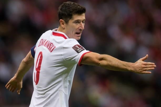 Robert Lewandowski during the World Cup 2020 qualifier match between Poland v Albania, in Warsaw, Poland, on September 2, 2021.