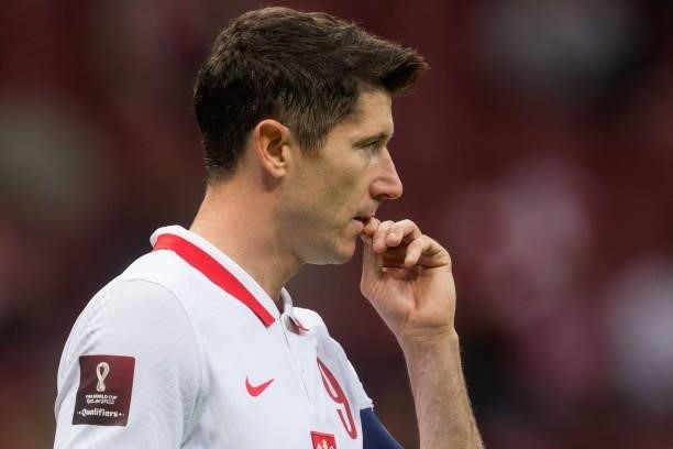 Robert Lewandowski during the World Cup 2020 qualifier match between Poland v Albania, in Warsaw, Poland, on September 2, 2021.