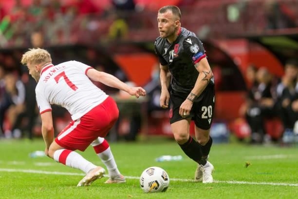 Kamil Jozwiak ,Lorenc Trashi during the World Cup 2020 qualifier match between Poland v Albania, in Warsaw, Poland, on September 2, 2021.