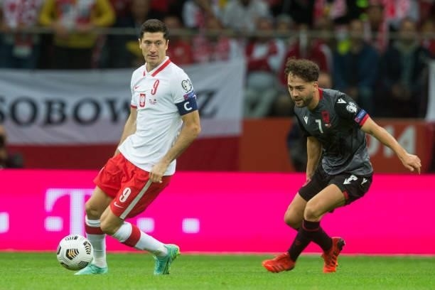 Robert Lewandowski ,Keidi Bare during the World Cup 2020 qualifier match between Poland v Albania, in Warsaw, Poland, on September 2, 2021.