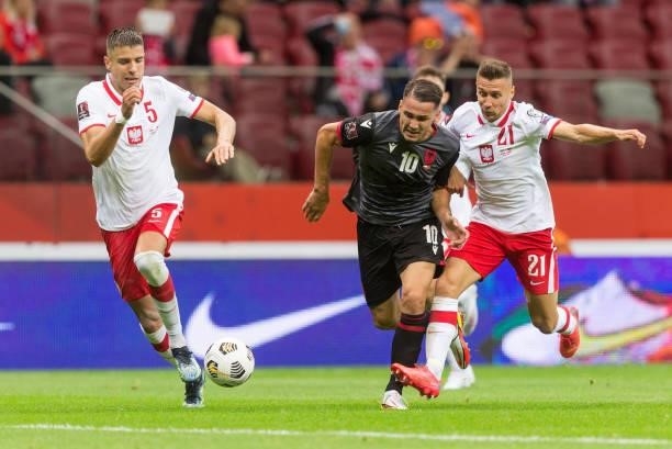 Jan Bednarek ,Rey Manaj ,Przemysaw Frankowski during the World Cup 2020 qualifier match between Poland v Albania, in Warsaw, Poland, on September 2,...