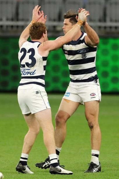 Tom Hawkins of the Cats celebrates after scoring his fifth goal during the 2021 AFL Second Semi Final match between the Geelong Cats and the GWS...