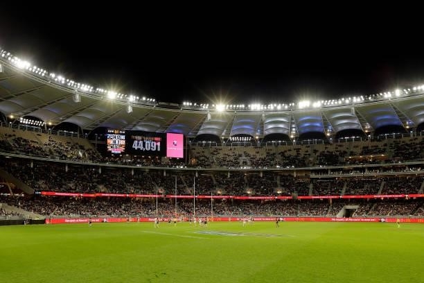 The crowd attendance can be seen during the 2021 AFL Second Semi Final match between the Geelong Cats and the GWS Giants at Optus Stadium on...