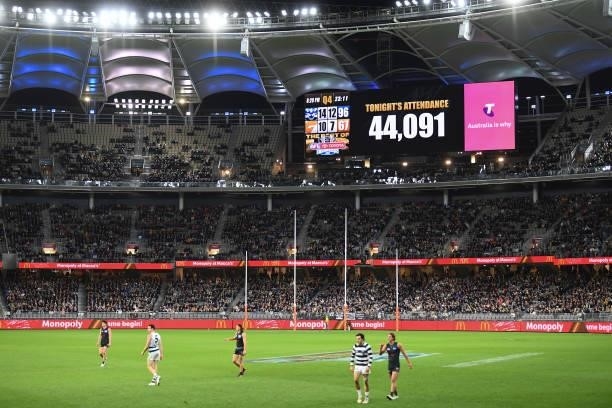 The offical crowd attendance is shown during the 2021 AFL Second Semi Final match between the Geelong Cats and the GWS Giants at Optus Stadium on...