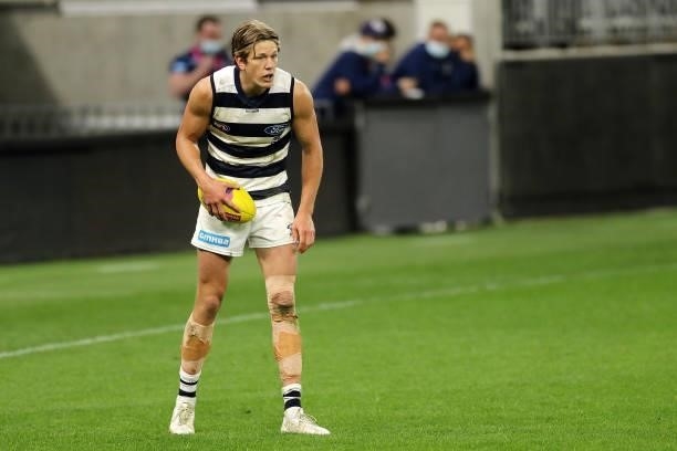 Rhys Stanley of the Cats looks to pass the ball during the 2021 AFL Second Semi Final match between the Geelong Cats and the GWS Giants at Optus...