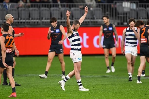 Sam Menegola of the Cats celebrates the win on the final siren during the 2021 AFL Second Semi Final match between the Geelong Cats and the GWS...