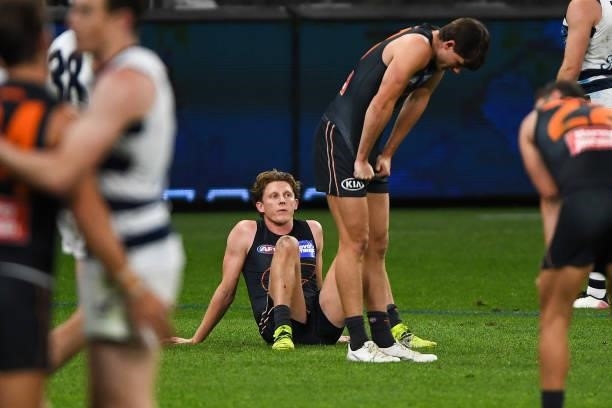 Lachie Whitfield of the Giants looks dejected after a loss during the 2021 AFL Second Semi Final match between the Geelong Cats and the GWS Giants at...