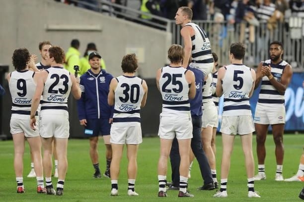 Joel Selwood of the Cats is chaired off after the win during the 2021 AFL Second Semi Final match between the Geelong Cats and the GWS Giants at...