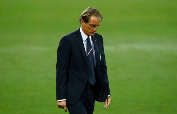 Head coach Roberto Mancini of Italy looks dejected prior to the 2022 FIFA World Cup Qualifier Group C match between Italy and Bulgaria at Artemio...
