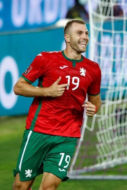 Atanas Iliev of Bulgaria celebrates after scoring his team's first goal during the 2022 FIFA World Cup Qualifier Group C match between Italy and...