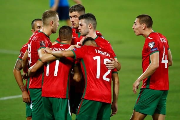 Atanas Iliev of Bulgaria celebrates after scoring his team's first goal with team mates during the 2022 FIFA World Cup Qualifier Group C match...