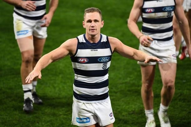 Joel Selwood of the Cats celebrates with the fans during the 2021 AFL Second Semi Final match between the Geelong Cats and the GWS Giants at Optus...