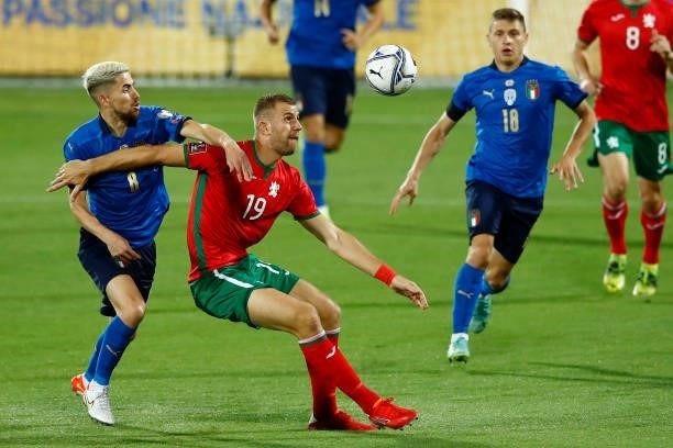 Frello Jorginho of Italy and Atanas Iliev of Bulgaria battle for the ball during the 2022 FIFA World Cup Qualifier Group C match between Italy and...
