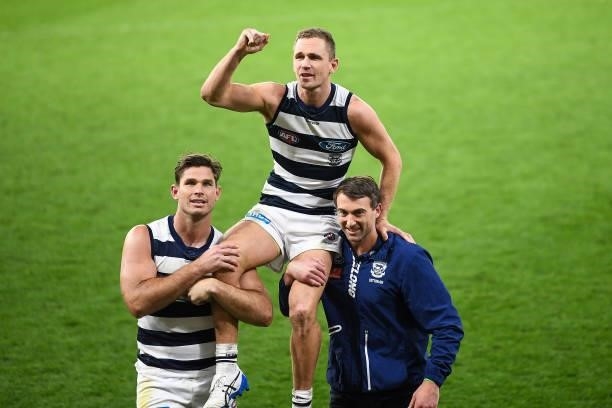 Joel Selwood of the Cats is chaired off after the win during the 2021 AFL Second Semi Final match between the Geelong Cats and the GWS Giants at...
