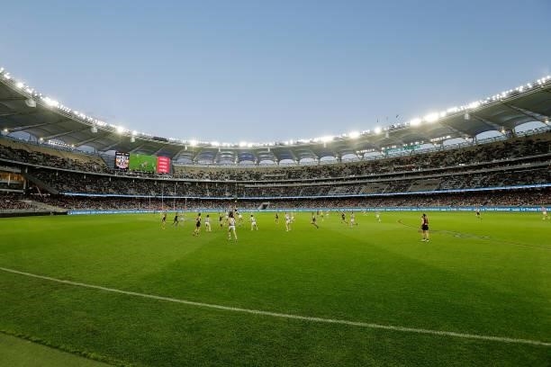 General view of play during the 2021 AFL Second Semi Final match between the Geelong Cats and the GWS Giants at Optus Stadium on September 3, 2021 in...