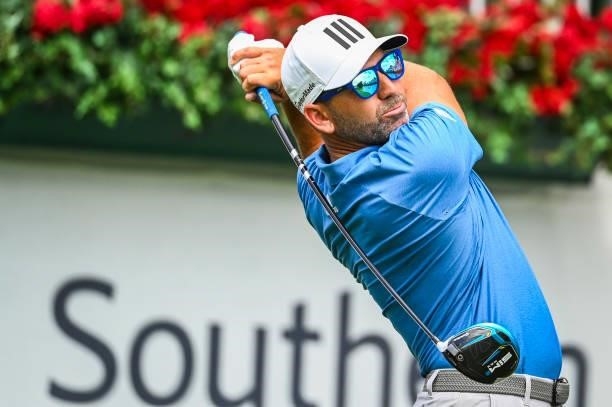 Sergio Garcia of Spain plays his shot from the first tee during the first round of the TOUR Championship, the final event of the FedExCup Playoffs,...