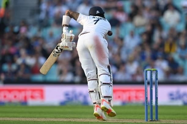 India's KL Rahul manages to control a short ball during play on the second day of the fourth cricket Test match between England and India at the Oval...