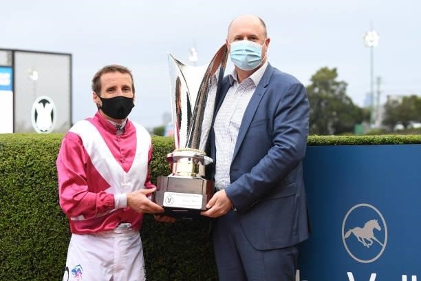 Damien Oliver with Danny O'Brien after Superstorm won the Clamms Seafood Feehan Stakes, at Moonee Valley Racecourse on September 04, 2021 in Moonee...