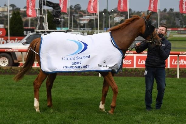 Superstorm after winning the Clamms Seafood Feehan Stakes, at Moonee Valley Racecourse on September 04, 2021 in Moonee Ponds, Australia.