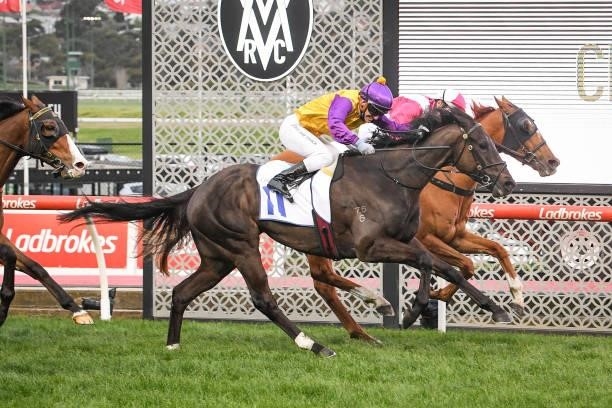 Superstorm ridden by Damien Oliver wins the Clamms Seafood Feehan Stakes at Moonee Valley Racecourse on September 04, 2021 in Moonee Ponds, Australia.