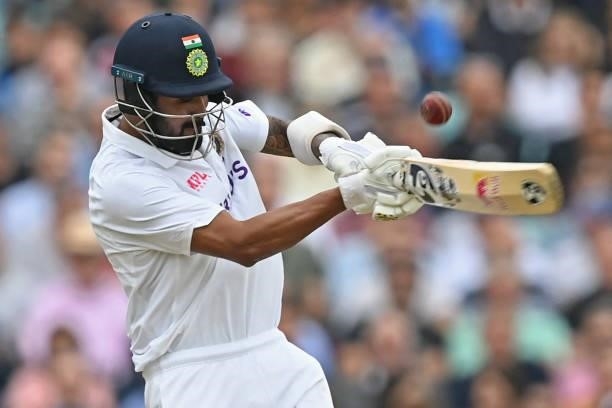 India's KL Rahul plays a shot during play on the third day of the fourth cricket Test match between England and India at the Oval cricket ground in...