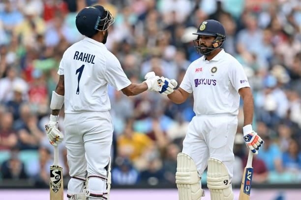 India's KL Rahul and India's Rohit Sharma chat as they build their opening partnership during play on the third day of the fourth cricket Test match...