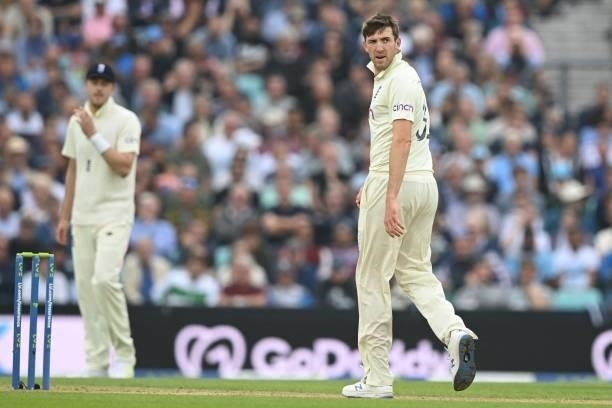 England's Craig Overton reacts while bowling during play on the third day of the fourth cricket Test match between England and India at the Oval...