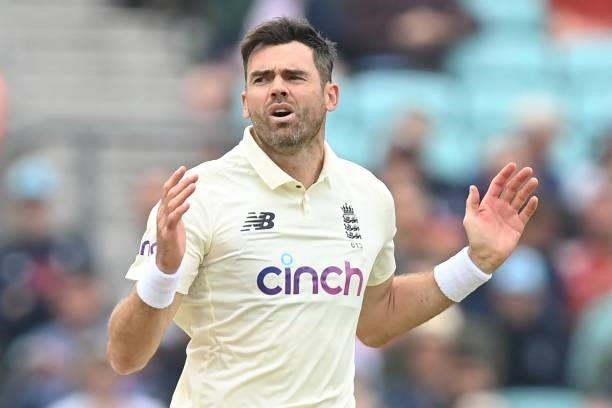 England's James Anderson reacts while bowling during play on the third day of the fourth cricket Test match between England and India at the Oval...