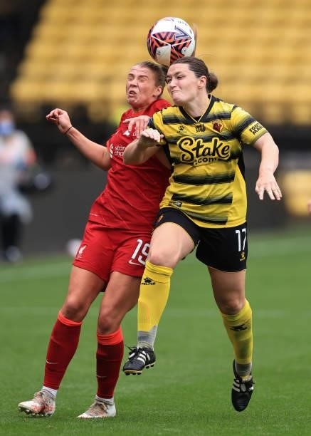 Rianna Dean of Liverpool in action with Helen Ward of Watford during the Barclays FA Women's Championship between Watford Ladies and Liverpool Women...