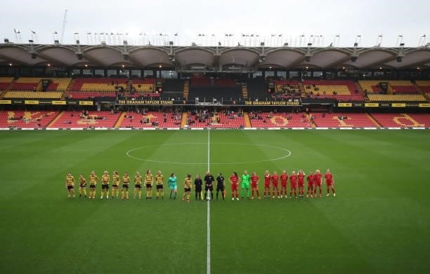 Players line up prior to the Barclays FA Women's Championship between Watford Ladies and Liverpool Women at Vicarage Road on September 4, 2021 in...