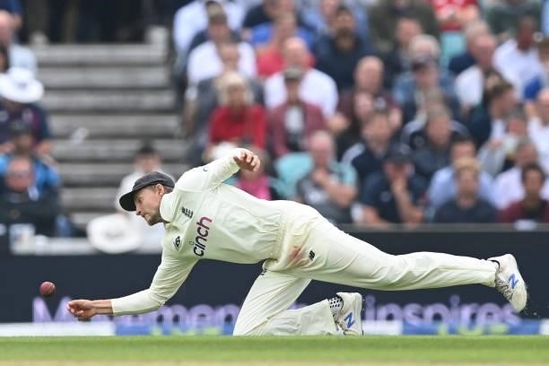 England's captain Joe Root fields during play on the third day of the fourth cricket Test match between England and India at the Oval cricket ground...