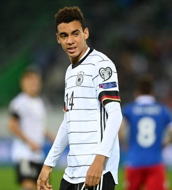 Germany's midfielder Jamal Musiala reacts during the FIFA World Cup Qatar 2022 qualification Group J football match between Liechtenstein and...