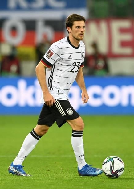 Germany's forward Jonas Hofmann plays the ball during the FIFA World Cup Qatar 2022 qualification Group J football match between Liechtenstein and...